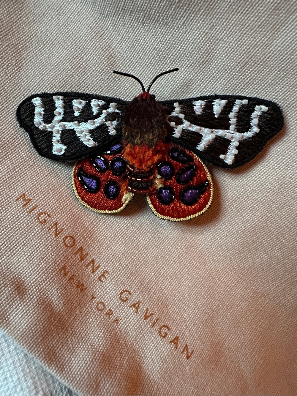 Mignonne Gavigan Embroidered Butterfly Moth Pin Black, White, Red, Purple, Gold
